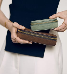 Suede Mini Oval Jewellery Box in Leather - Olive | Jewellery