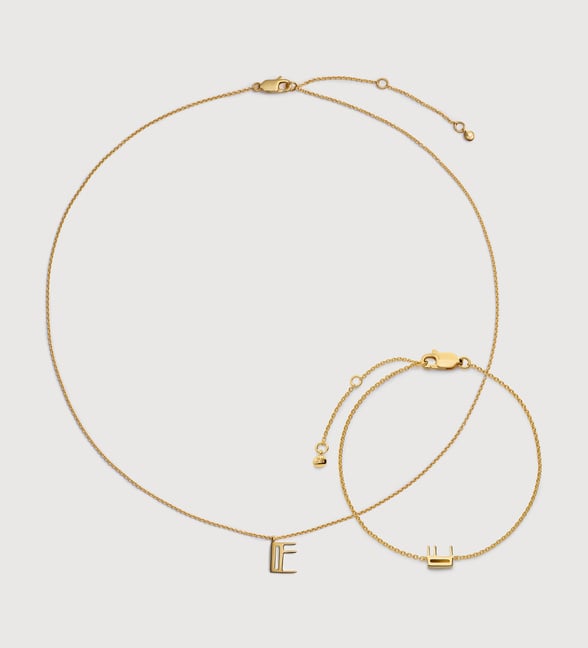 Initial E Chain Bracelet & Necklace Set Gold