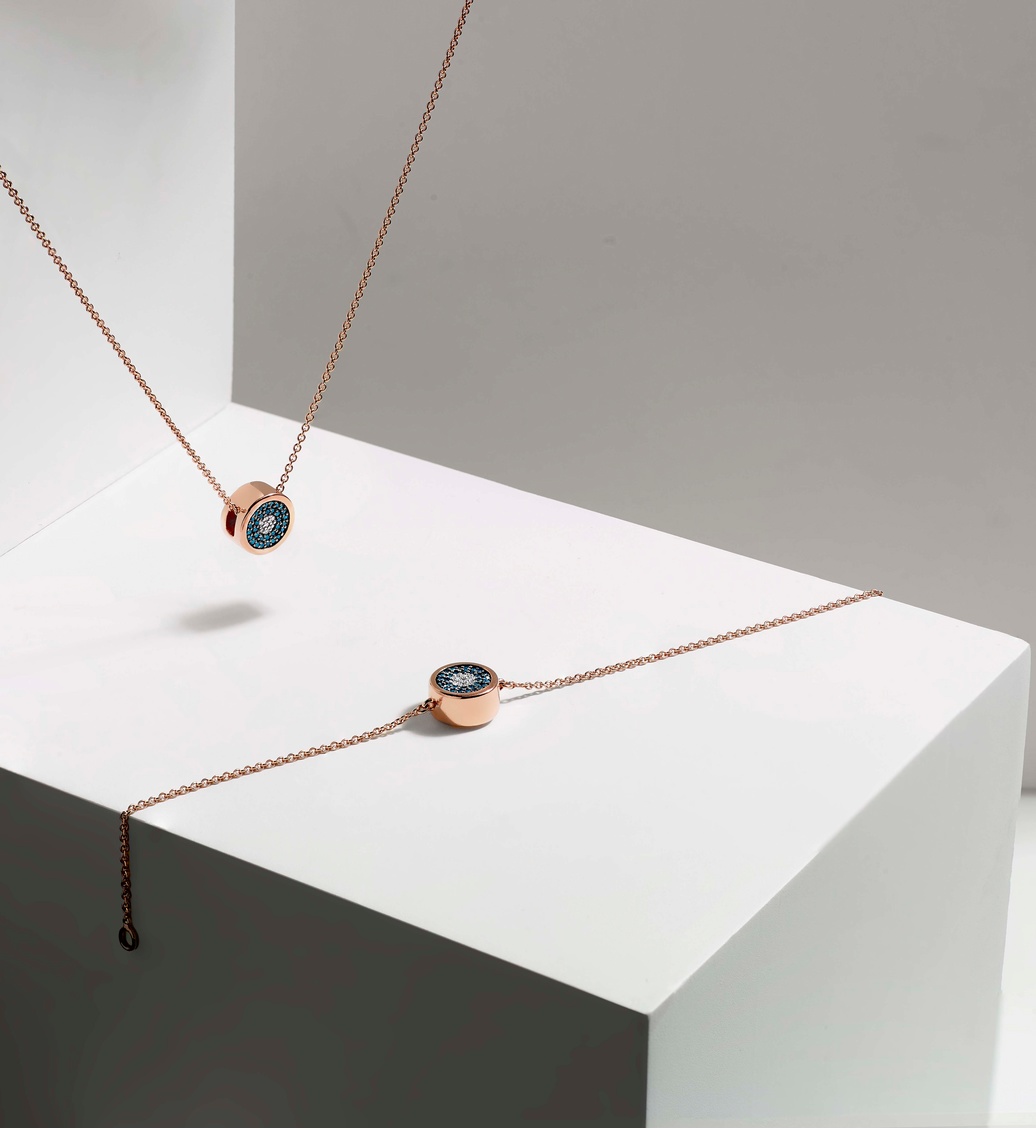 Rose Gold Vermeil Evil Eye Chain Bracelet - Blue & White Diamonds Still Life