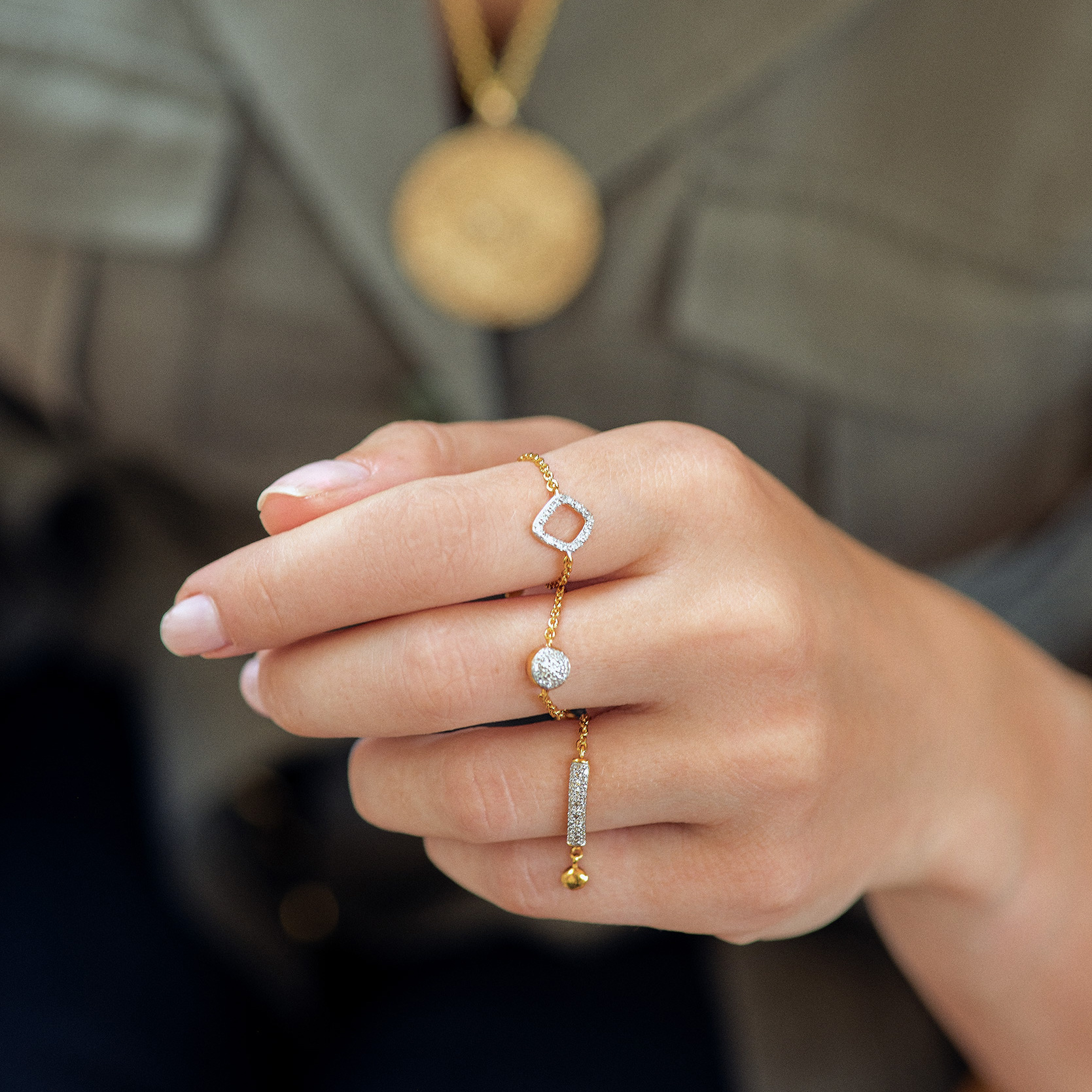 Fiji Bar Adjustable Friendship Diamond Ring in 18k Gold Vermeil on
