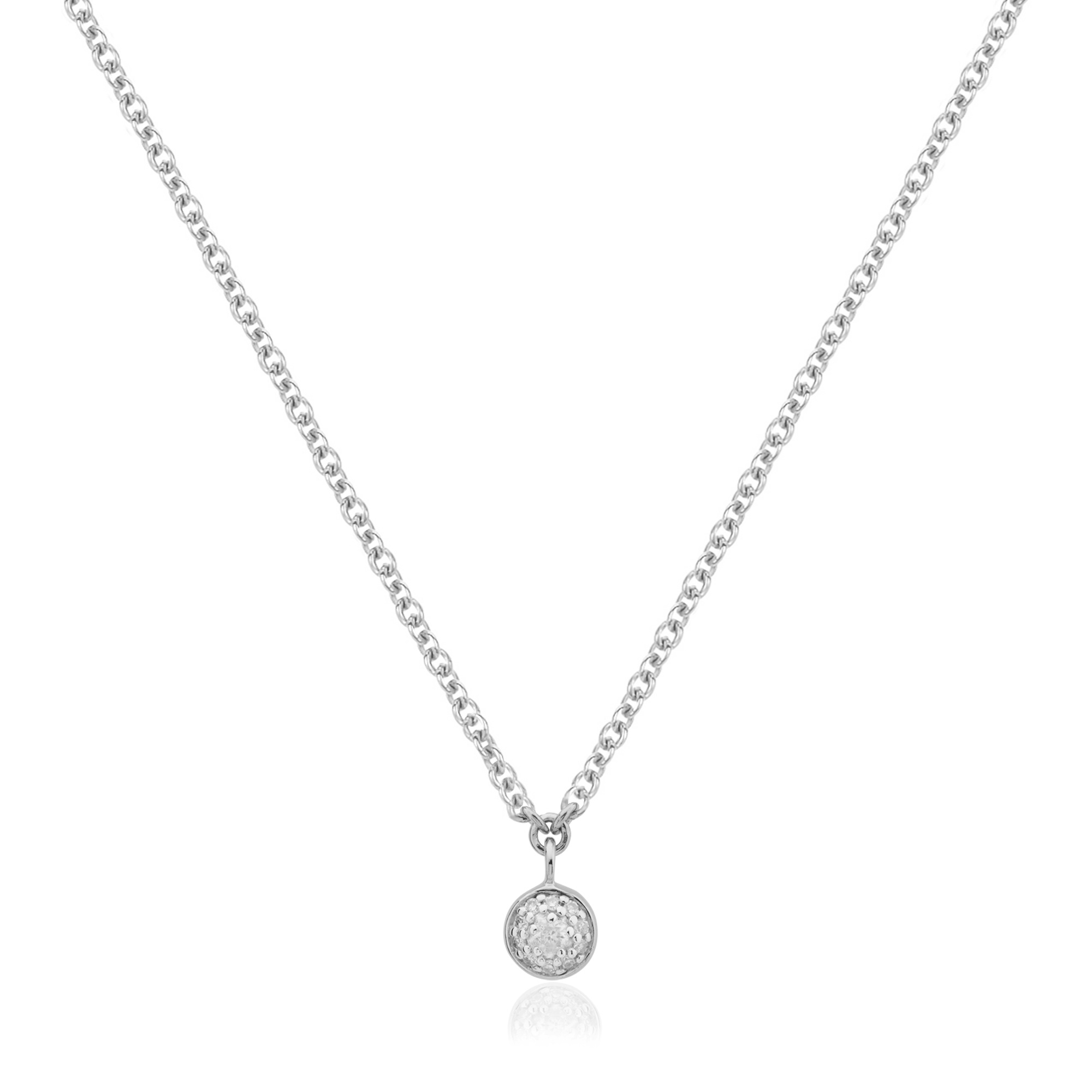 Fiji Tiny Button Single Drop Diamond Necklace in Sterling Silver with