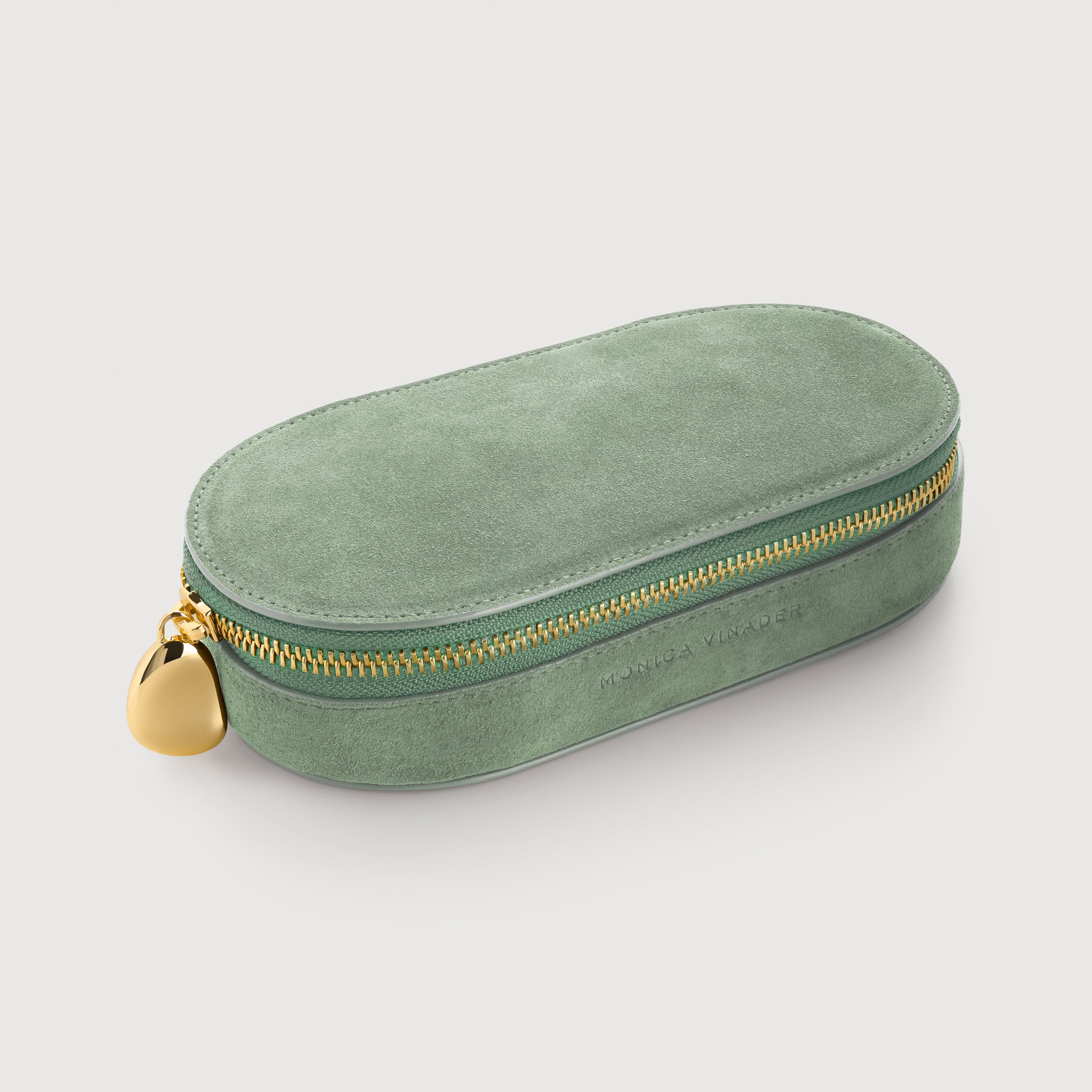 Suede Oval Jewellery Box in Leather - Olive | Jewellery by Monica