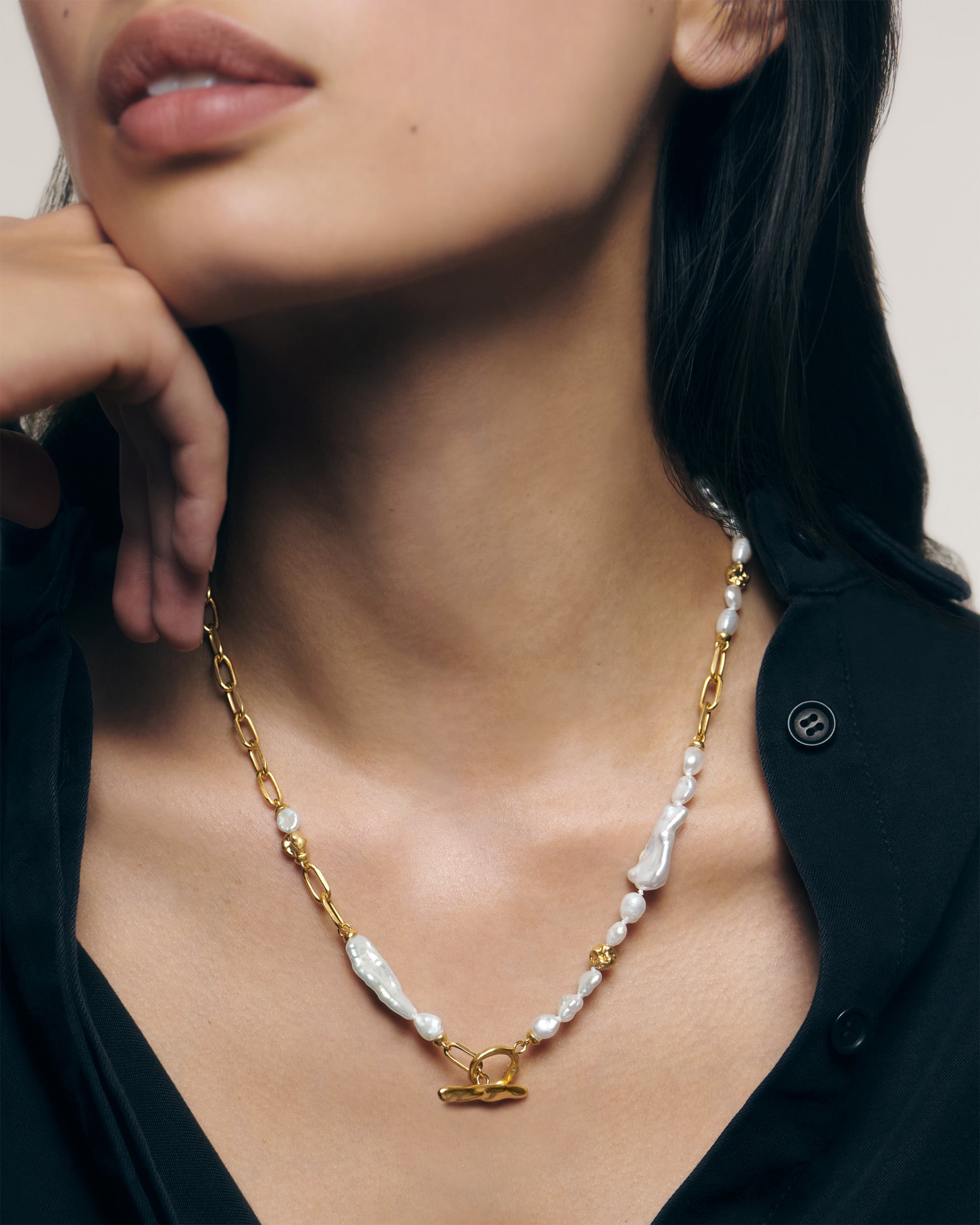 Amy Powney Keshi Pearl Asymmetric T-Bar Chain Necklace 46cm/18' in