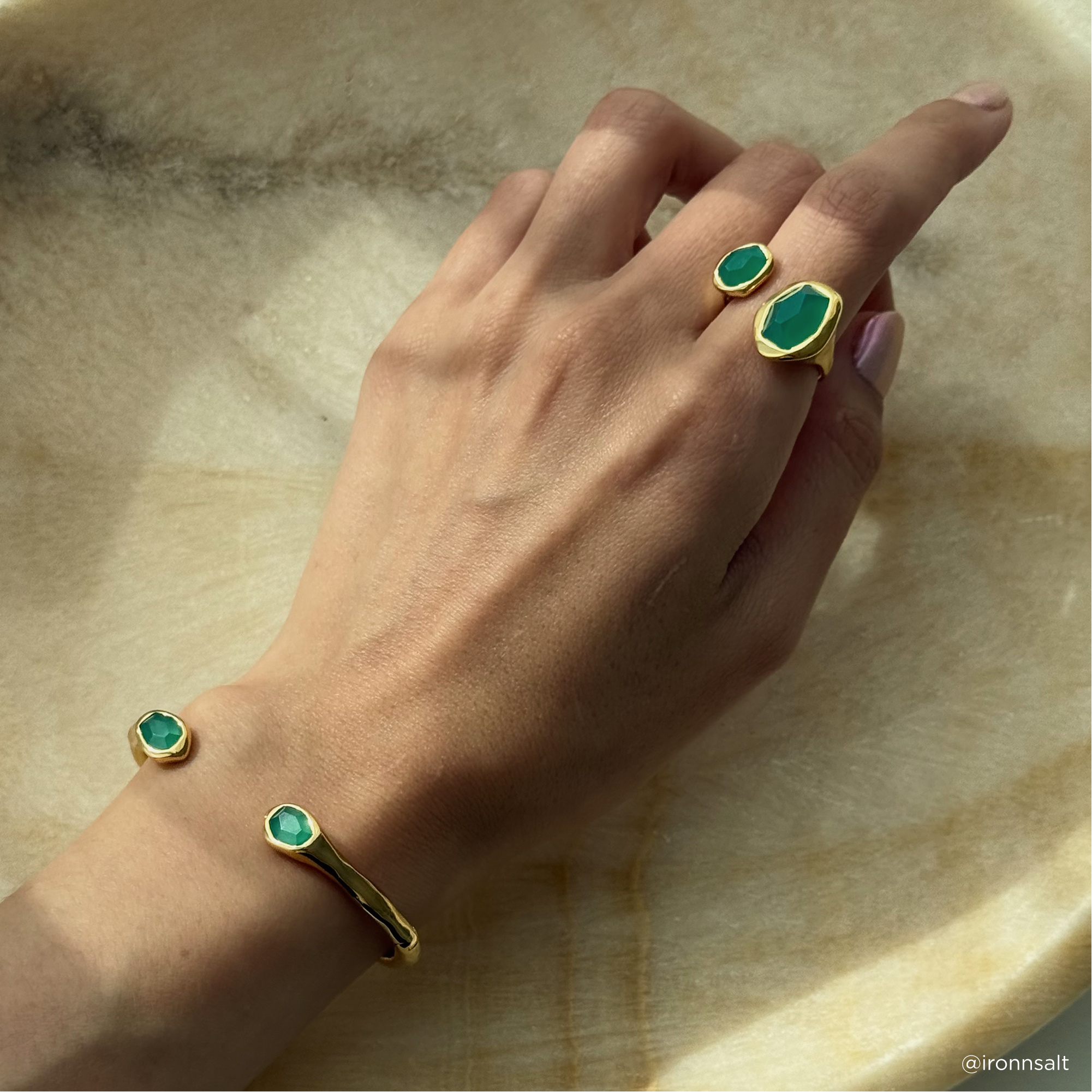 Odyssey Open Cuff in 18k Gold Vermeil on Sterling Silver and Green