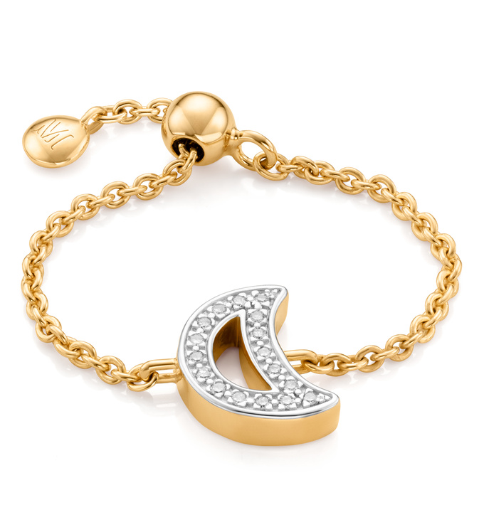Gold Vermeil Alphabet Moon Adjustable Friendship Diamond Ring - Diamond - Monica Vinader