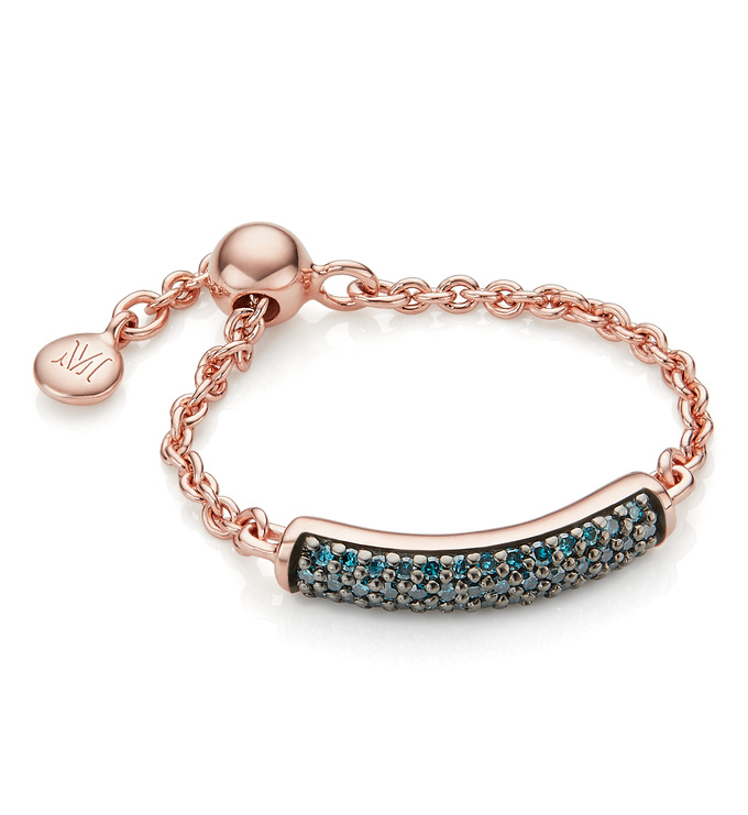 Rose Gold Vermeil Fiji Bar Adjustable Friendship Diamond Ring - Blue Diamond - Monica Vinader