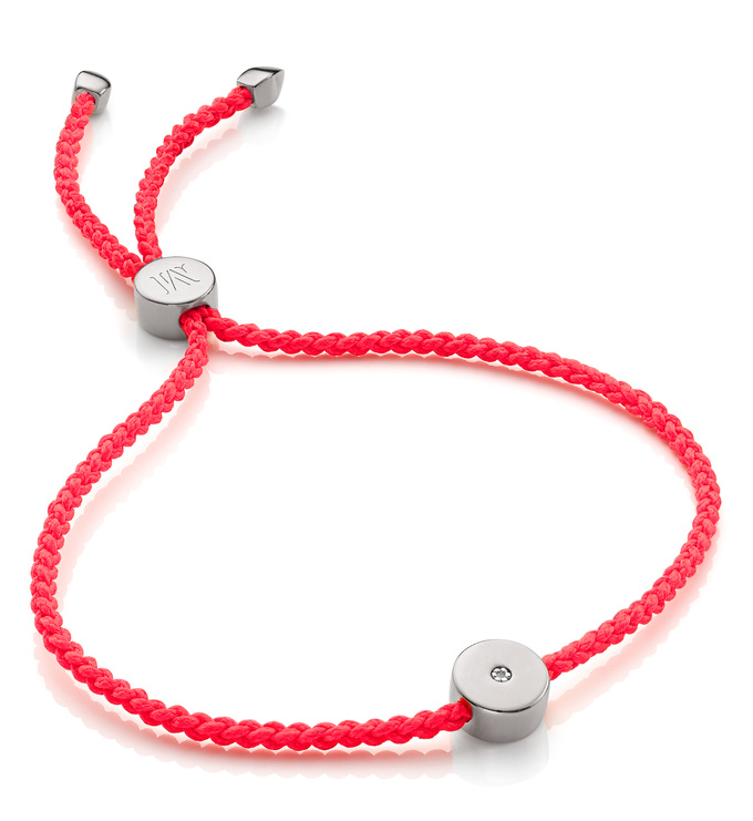 Sterling Silver Linear Solo Friendship Diamond Bracelet - Fluro Coral Cord - Diamond - Monica Vinader