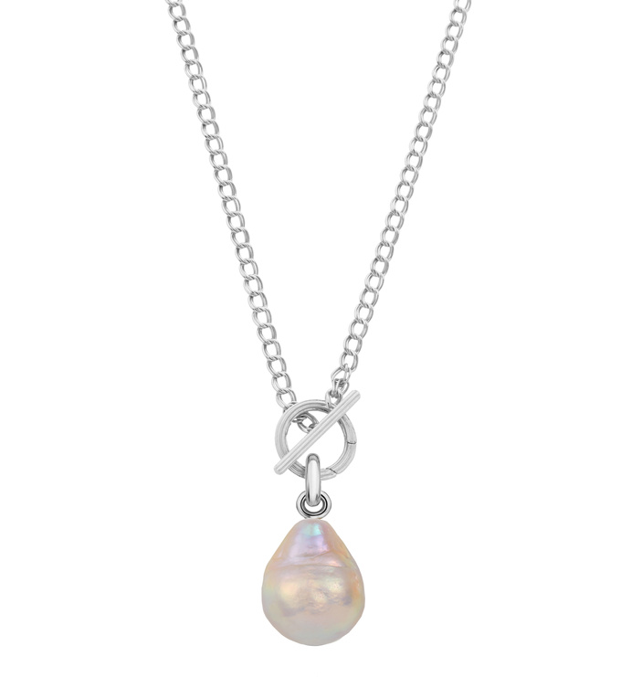 Sterling Silver Groove T Bar and Baroque Pearl Necklace Set