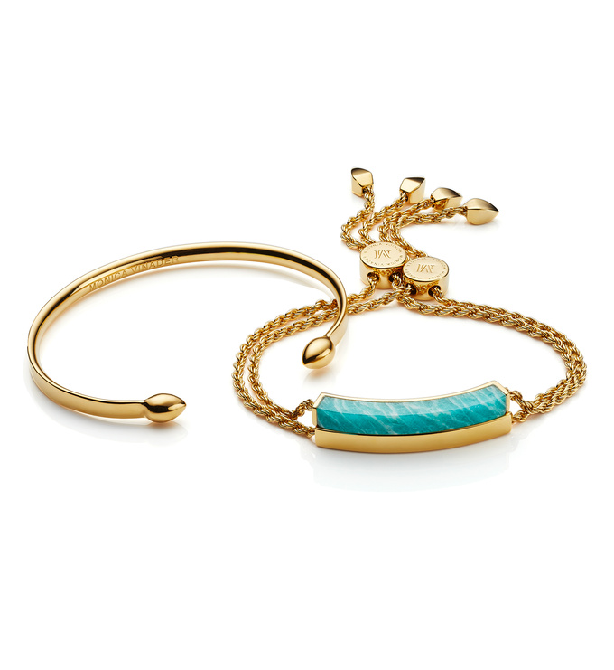 Fiji Cuff, Linear Stone and Linear Chain Bracelet Set - Amazonite - Monica Vinader