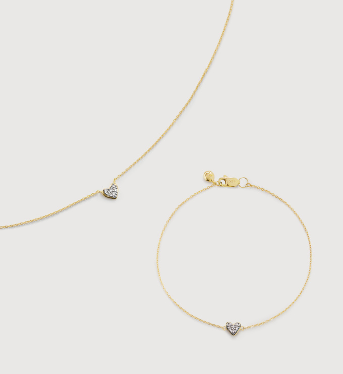 14k Gold Diamond Mini Heart Chain Necklace & Bracelet Set - Monica Vinader