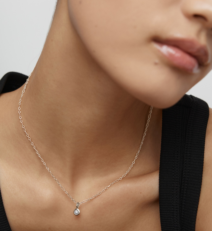 Sterling Silver Solitaire Diamond Textured Link Chain Necklace - Monica Vinader
