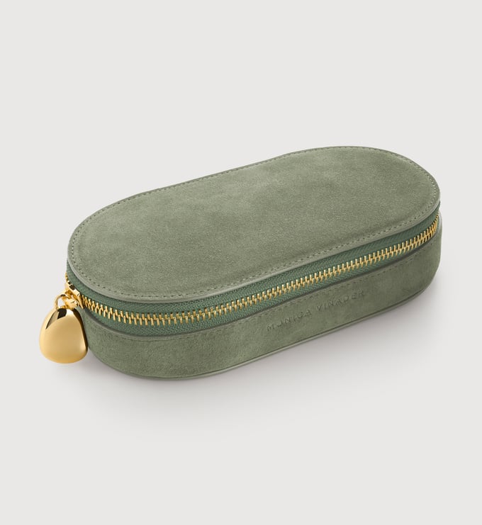 Leather Oval Suede Jewellery Box - Olive - Monica Vinader