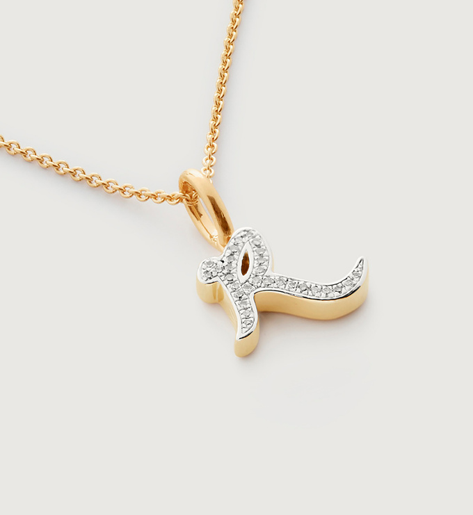 Gold Vermeil Alphabet R Diamond Fine Chain Necklace Adjustable 46cm/18' - Diamond - Monica Vinader