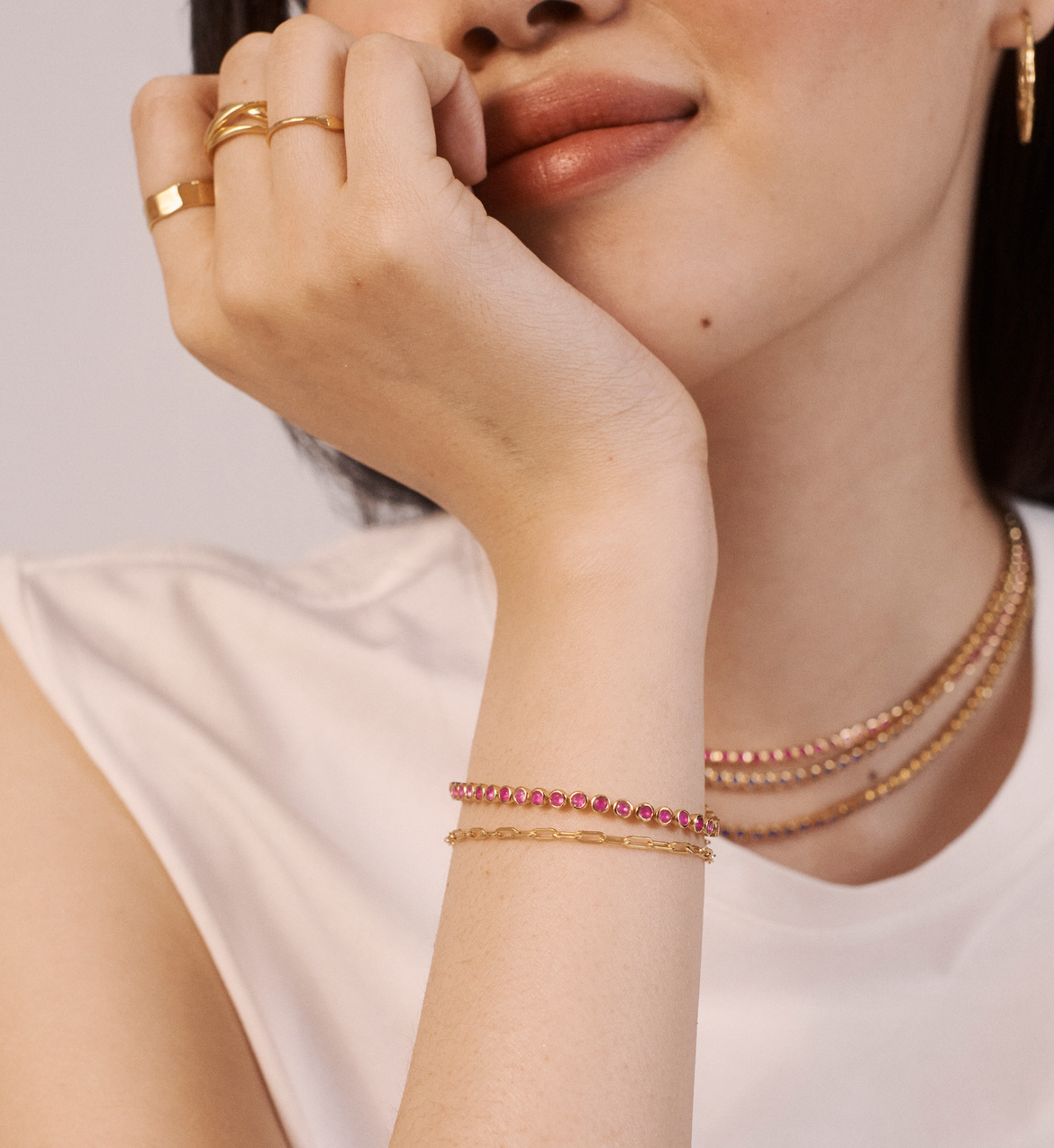 18k Gold Plated Tennis Bracelet With Genuine Garnet And Diamond Accents