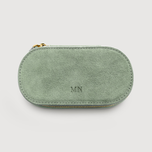 Suede Mini Oval Jewellery Box in Leather - Olive | Jewellery by