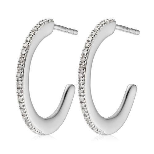 Fiji Small Skinny Hoop Diamond Earrings in Sterling Silver with Diamond